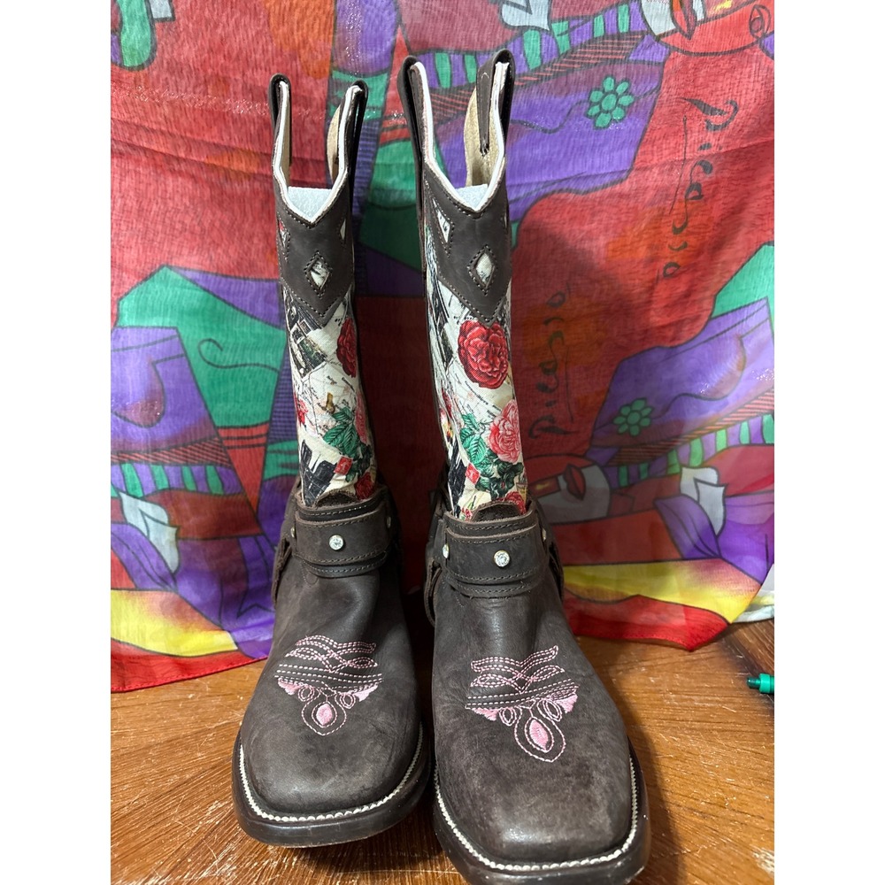 Botas El Dorado Women Brown Leather Paris Floral Tapestry Harness Western Boots